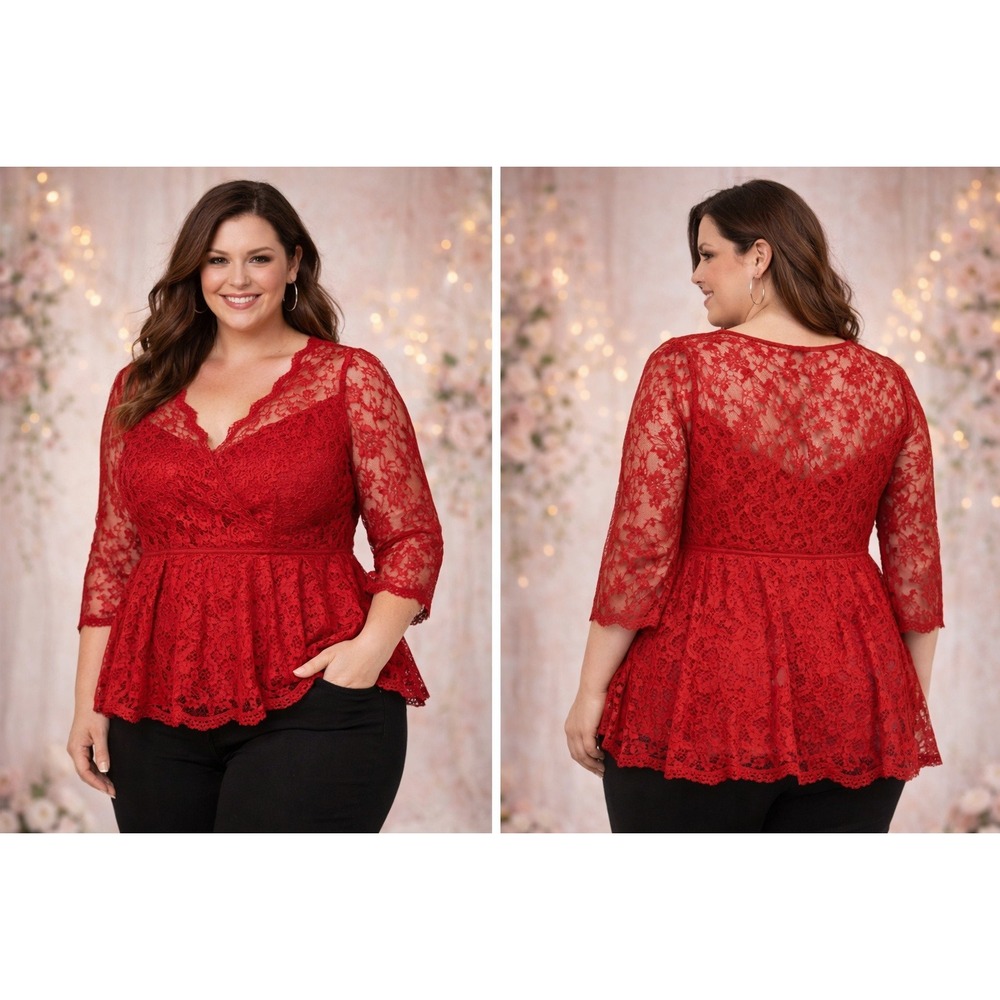 Lane Bryant Lace Peplum Top Womens 22 Red Romantic Holiday Blouse